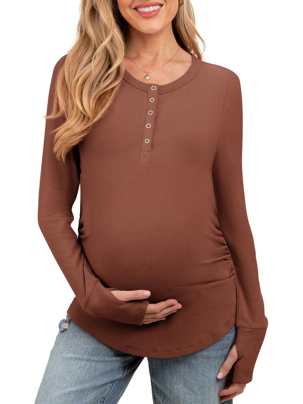 FMEYOA Womens S Maternity Nursing Long Sleeve Henley Side Ruched Ribbed Shirt